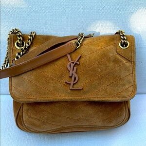 YSl Niki chain Flap bag matalesse camel suede gold chain